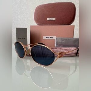 NWT Miu Miu Sunglasses 52YS Pink Gold Frame Dark Blue Lenses Never Worn